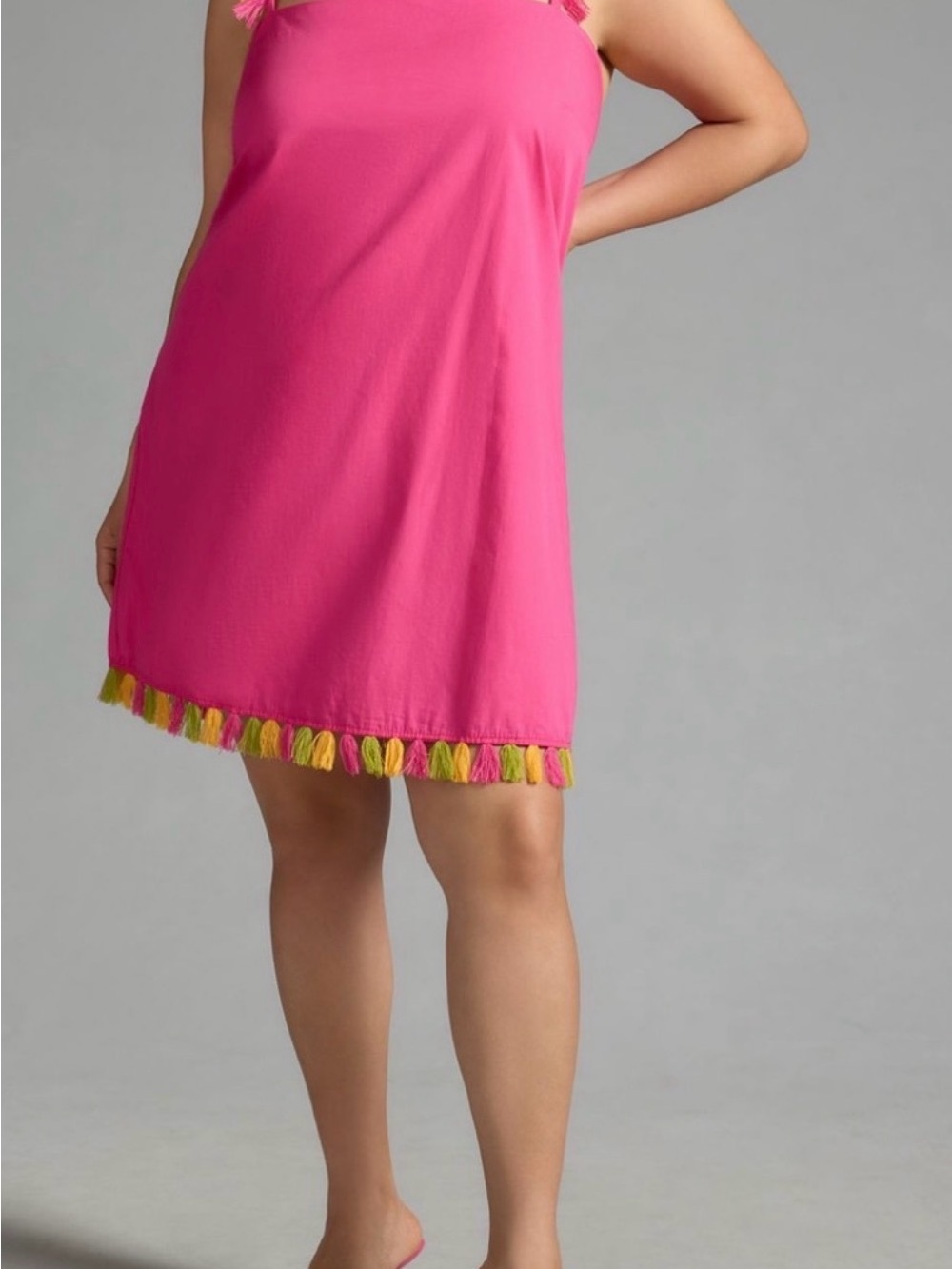 Like new XS fiesta Anthropologie Hot Pink Tassel-Hem linen dress